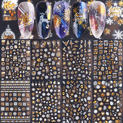 Christmas Snowflake Nail Art Stickers Decals 8 Sheets Self Adhesive Navidad Pegatinas Uñas Nail Supplies Holiday Nail Art Design Decoration Accessories - Gold & White #TOP1