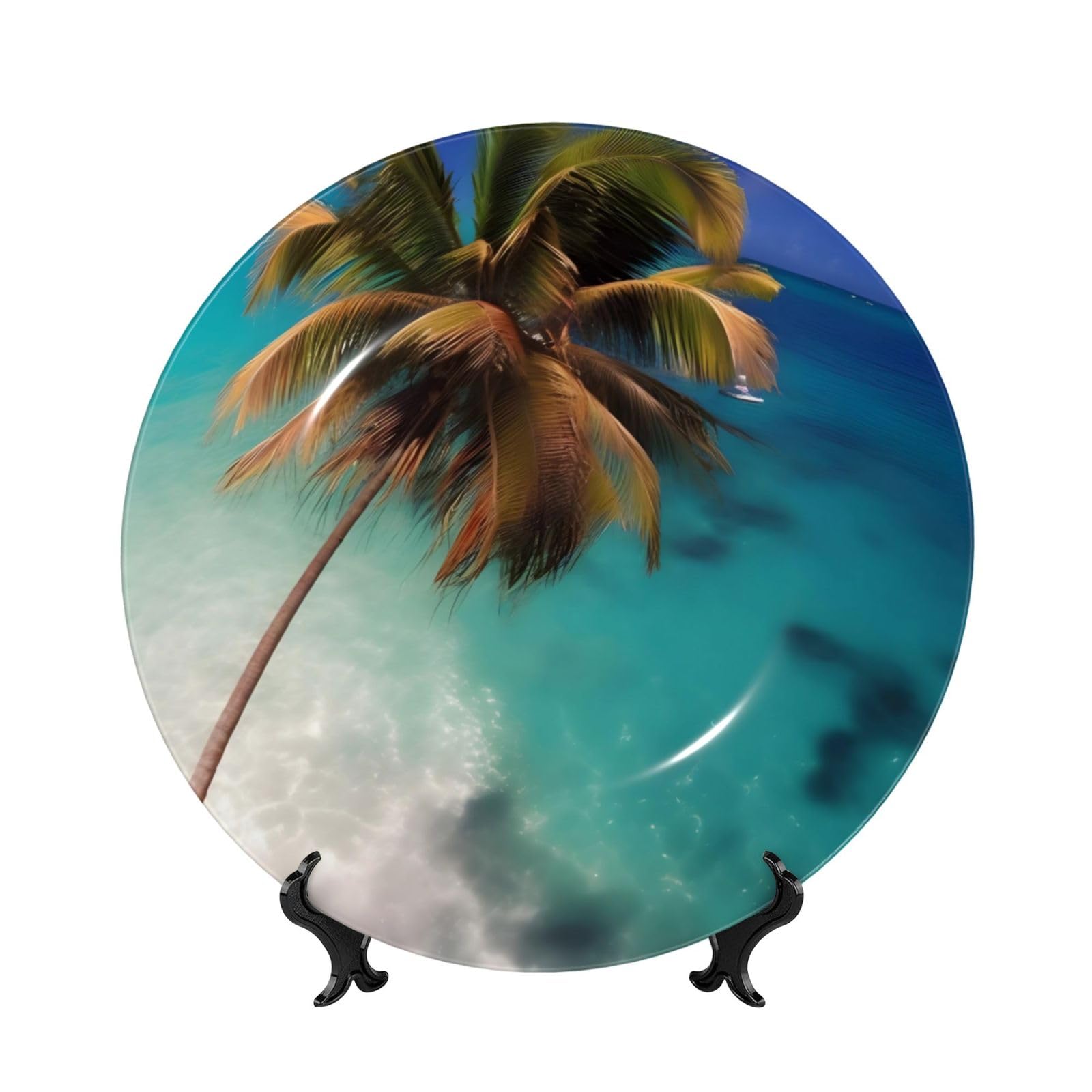 SXZVVBN Caribbean Islands Bone China Decorative Plate Art with Stand Removable Adhesive Hanging for Home Office 8in（20cm）