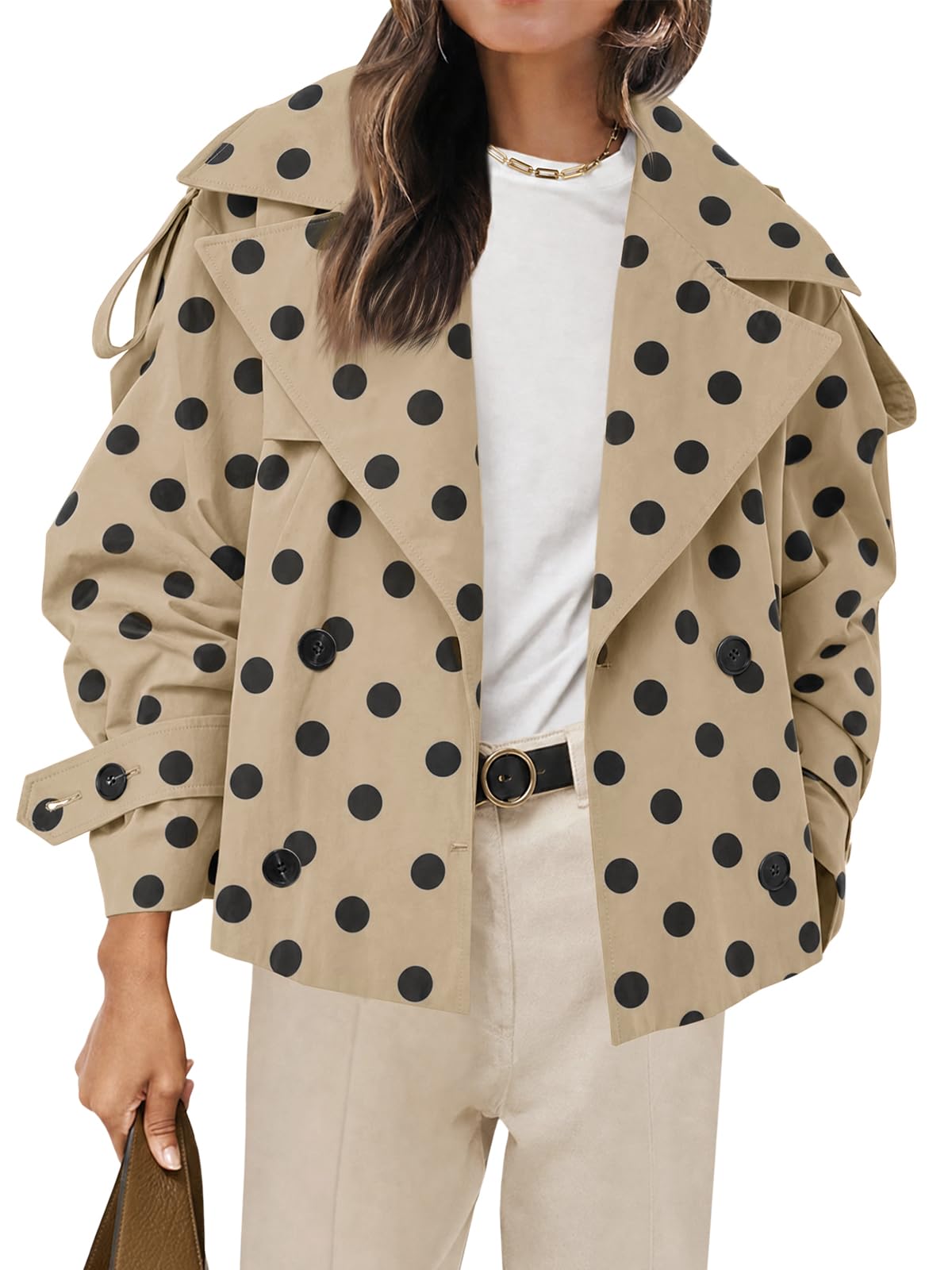 Tankaneo Womens Cropped Trench Double Breasted Short Jacket with Belt