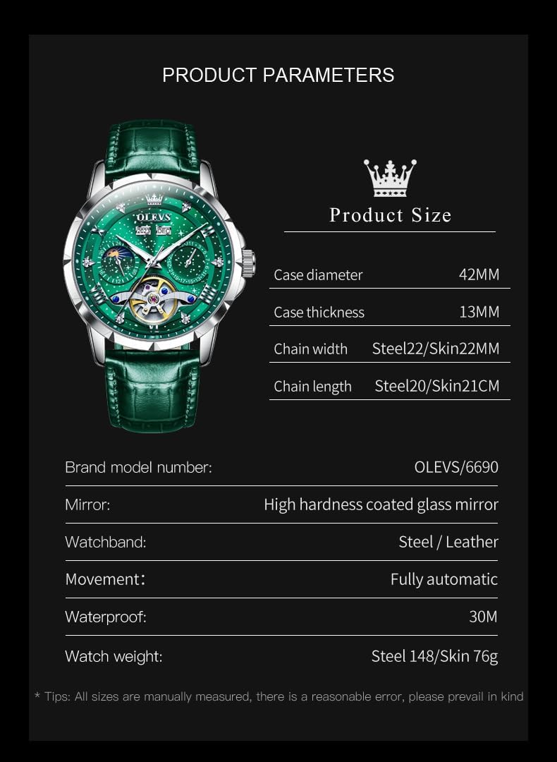 OLEVS Mens Automatic Watches Self-Winding Starry Sky Diamond Skeleton Luxury Wrist Watch Waterproof Luminous - Image 7