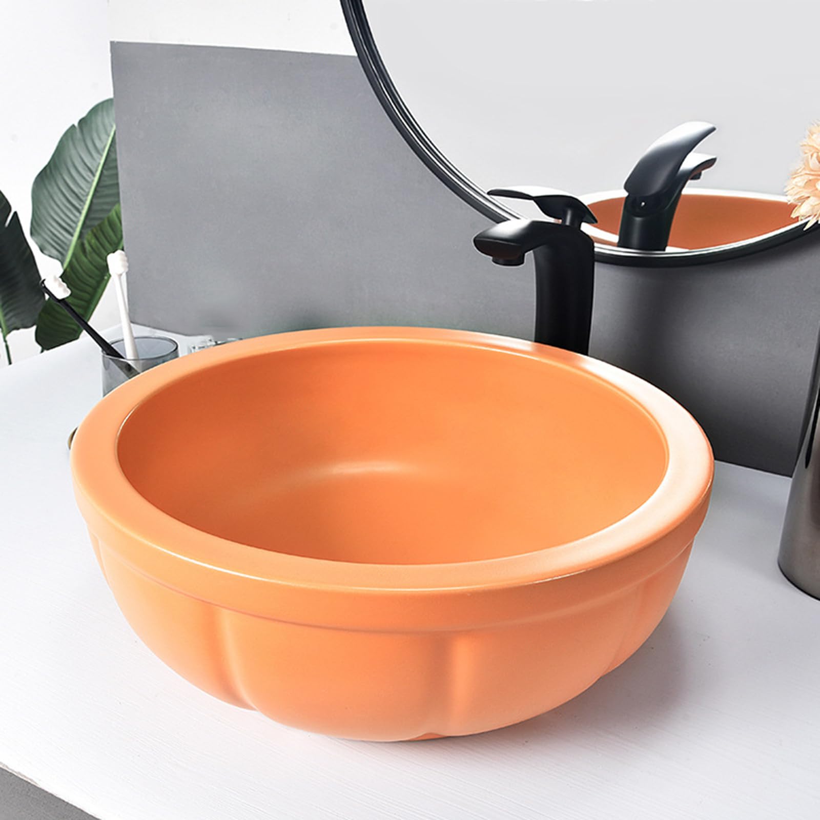 Aioneer Round Sink Bowls For Bathroom Vessel Sink, 15.7 Inch Ceramic Vessel Sink With Faucet And Drainer Above Counter Bathroom Vanity Sink Bowl Art Wash Basin
