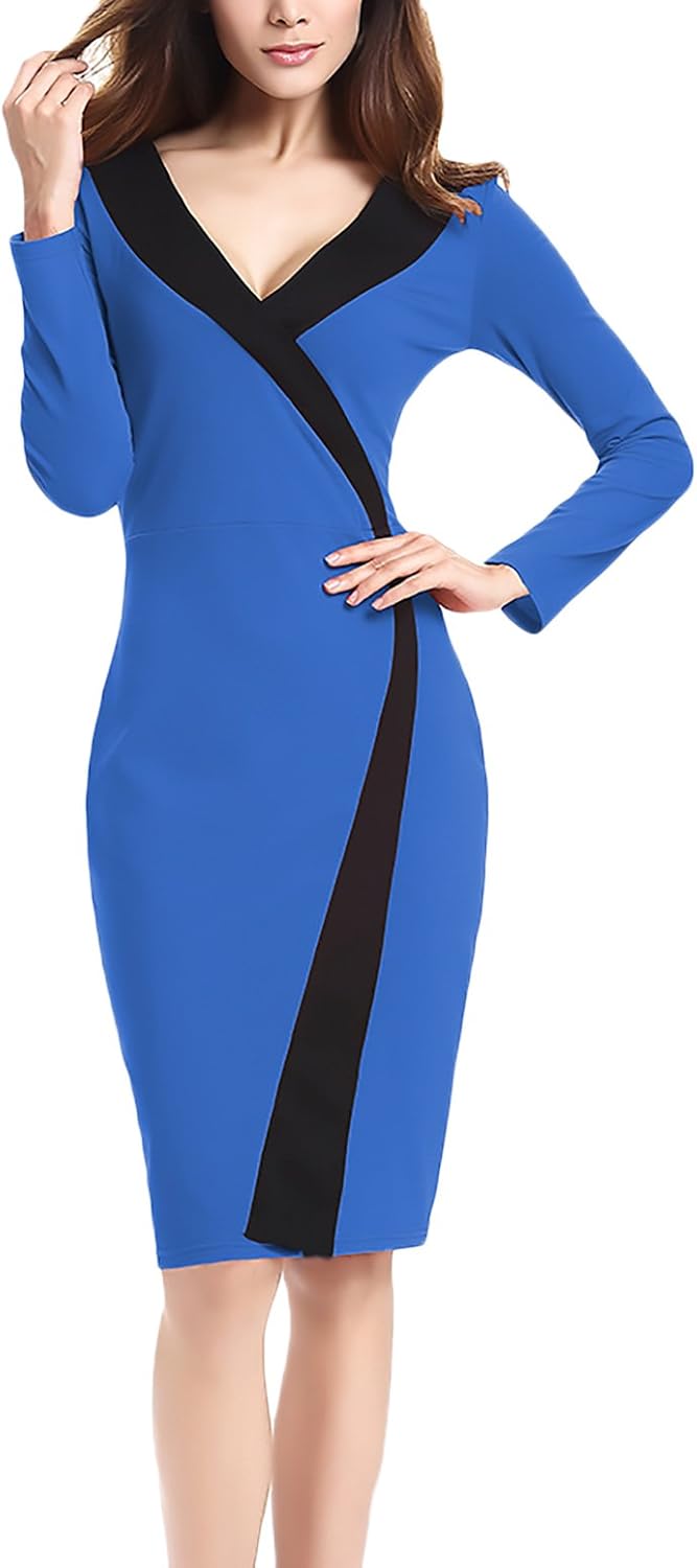 Vestito Donna Elegante Scollo A V Manica Lunga - Abito Midi Slim Fit Per Party, Cocktail E Serate - Foto 4