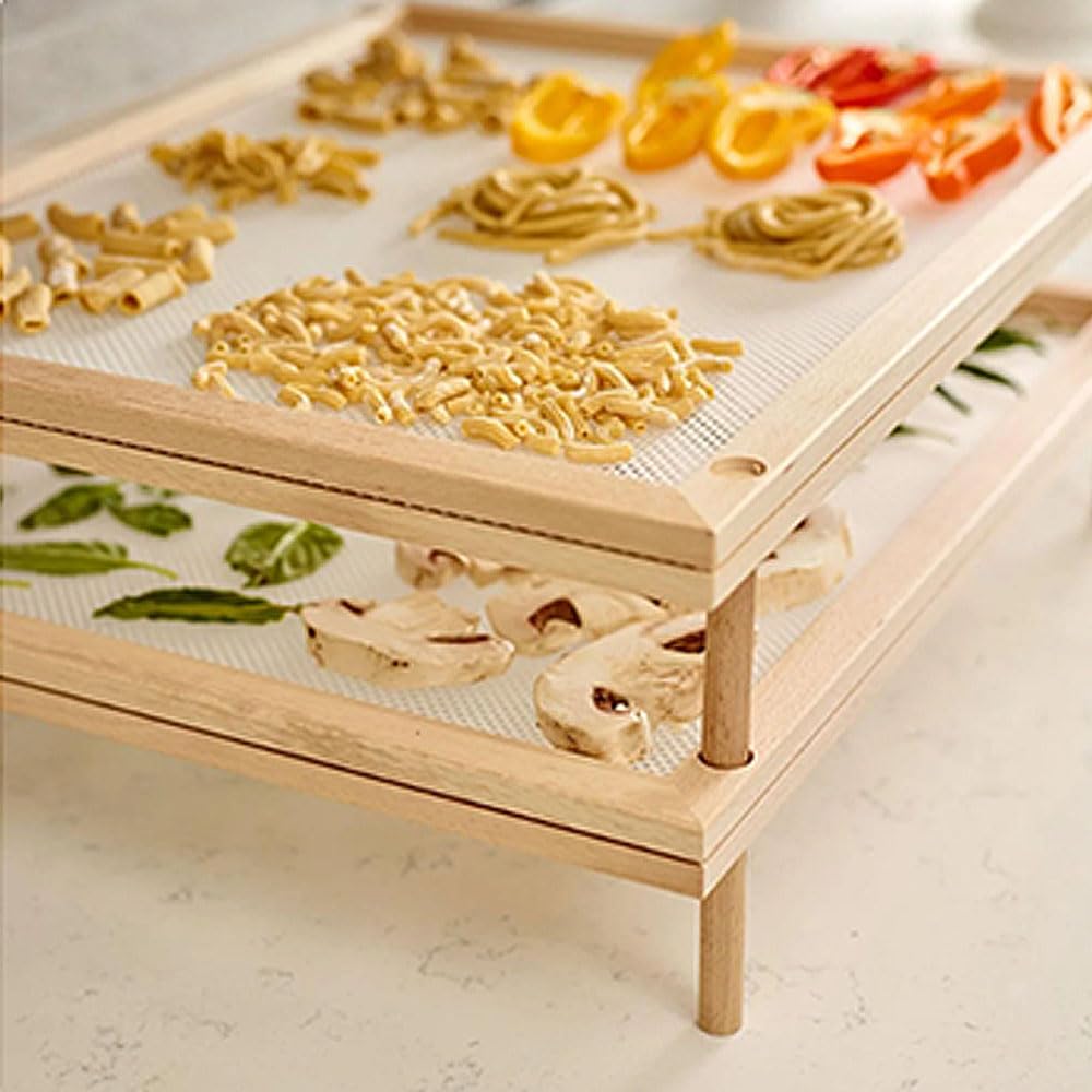 Set 2 Essiccatori impilabili sovrapponibili con telaio in legno e rete alimentare stendipasta per essiccare cibi alimenti pasta