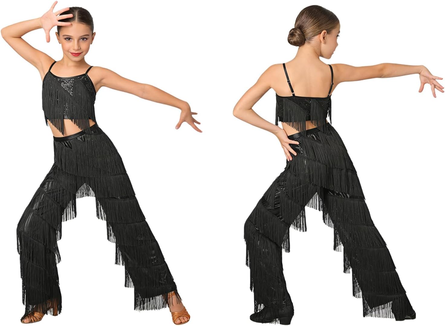 iiniim Girls Sparkly Jazz Latin Dance Outfits Sequin Sleeveless Crop Top with Fringe Pants Cha Cha Salsa Performance Wear