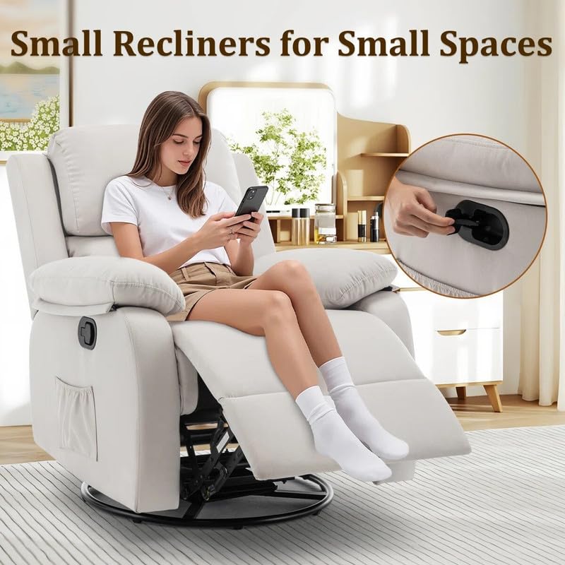 Image of Recliner Chair,Manual Recliner, 360 Swivel Recliners for Small Spaces,Rocker Recliner with Side Pockets Chairs for Living Room, Bedroom, Nursery, Beige