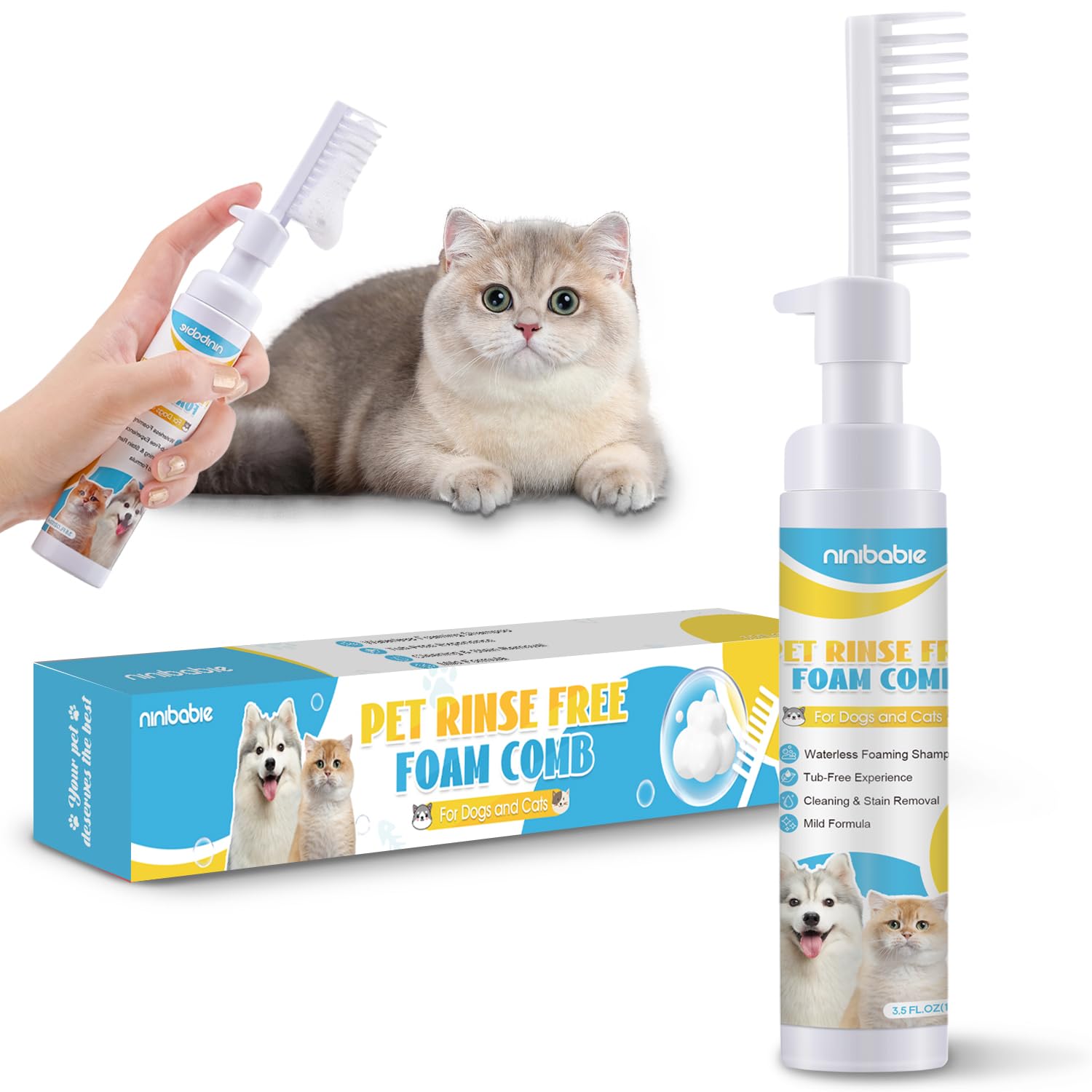 Pet Waterless No Rinsing Foam Comb,Comb and Wash 2-in-1,Grooming Comb for Cleaning,Detangling&amp;Moisturizing Dogs and Cats,Removing Odors 3.5 Onces, white