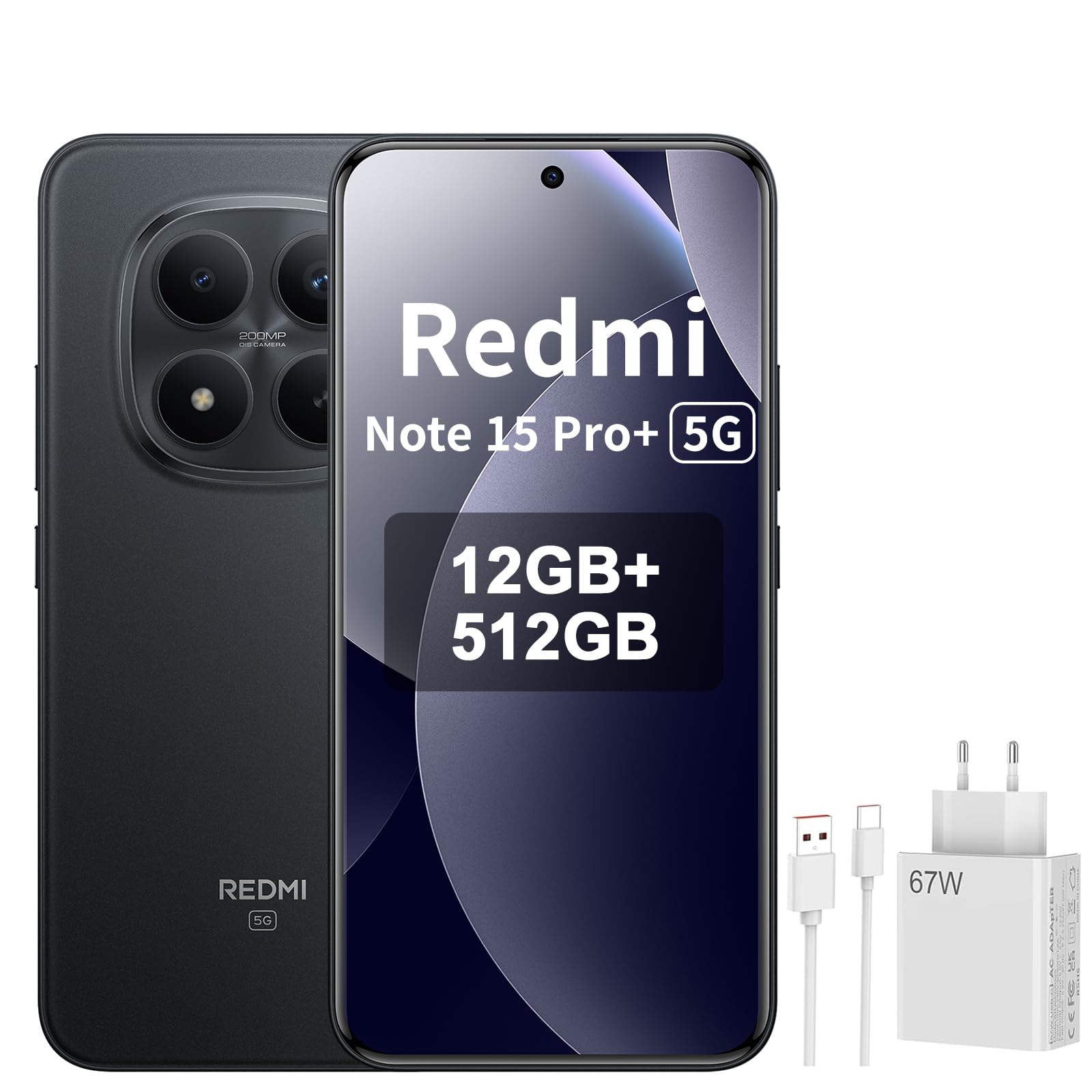 XIAOMI Redmi Note 15 Pro+ 5G Smartphone – 12 + 512 GB, 6.83 Inch AMOLED Display, 1.5 K AMOLED Screen, Snapdragon 7s Gen 4, 200 MP Camera, Black, Included 67 W Charger