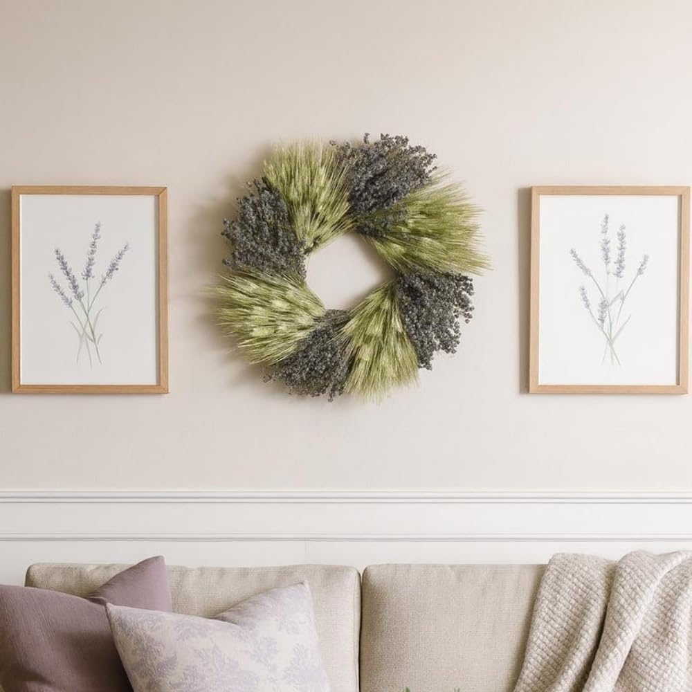 Lavender Wheat Wreath, 20" Handmade Dried Flower Circle for Wall Decor, Endless Faith Love Hospitality Symbol, Year-Round Indoor Home Decor
