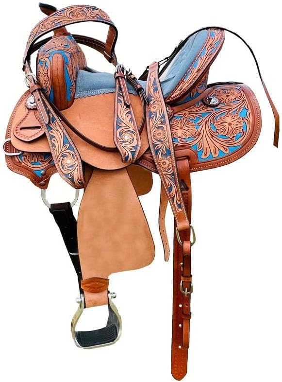 Horse Saddle Western Barrel Racing Custom Cowboy Cowgirl Handmade Premium Leather Pleasure Comfort Trail Tack Equestrian Tooled Carved Pony-Adult Saddle for Riding Size: 10-18 inch Seat, MO-10