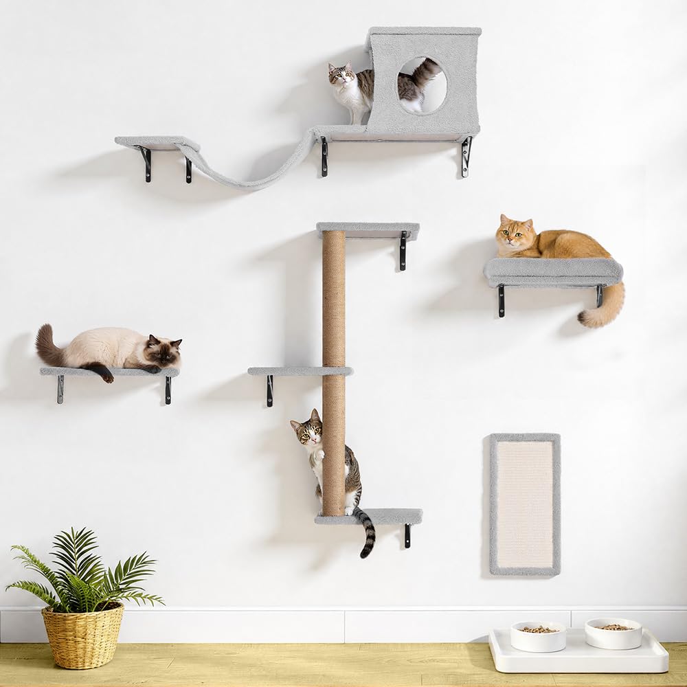 PawGiant 5-in-1 Climbing Wall Cat Set, Sturdy Wooden Cat Wall Elements with Scratching Post Wall, Scratching Board, Cat Cave, Hanging Bridge and Rest, up to 18 kg, Light Grey
