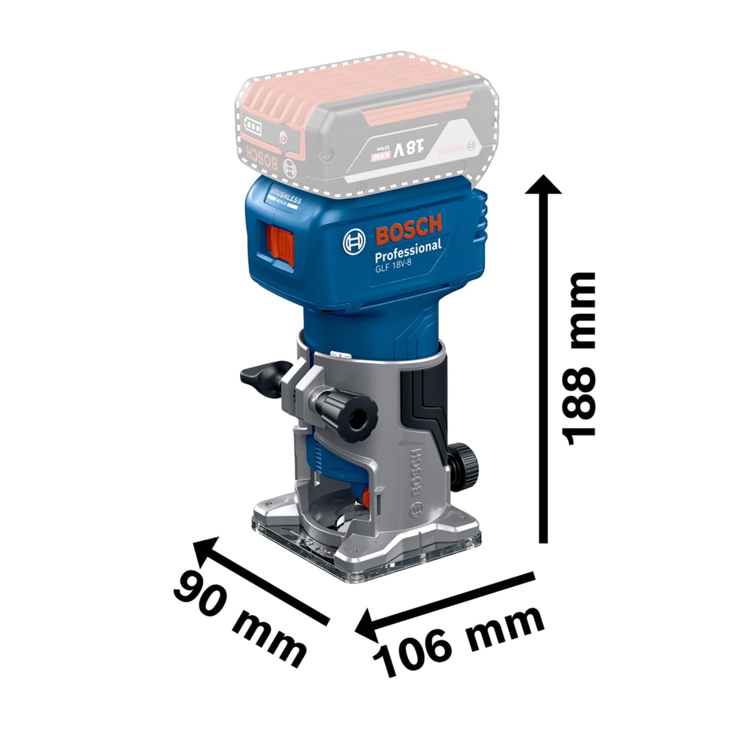 Bosch Professional 18V System Défonceuse portative GLF 18V-8 (butée longitud., adapt.aspiration surfaçage, adapt. aspiration fraisage, galet de guidage, pince 8 mm, clé, L-BOXX,sans batterie/chargeur)