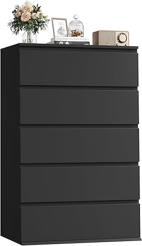 Miniatura 8 de FOTOSOK Cómoda negra, cómoda alta de 5 cajones con gran espacio de almacenamiento, cómoda de almacenamiento moderna, 23.6 pulgadas de largo x 15.7