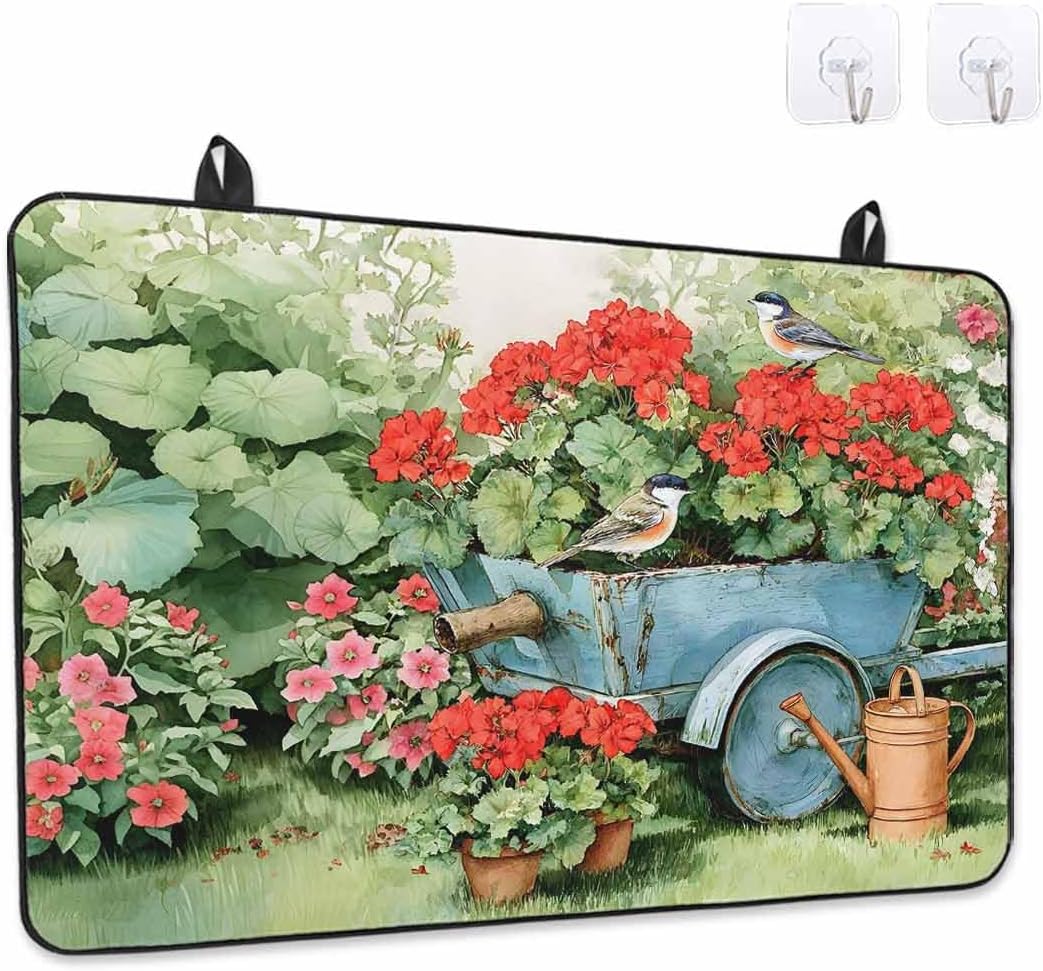 Spring Flowers Stove Cover for Electric Stove, Vintage Blue Stroller Birds Red Floral Leaf Grass Stove Top Cover for Glass Top, Heat Insulation Rubber Mat Foldable Cooktop Top Protector, 28.5"x20.5"