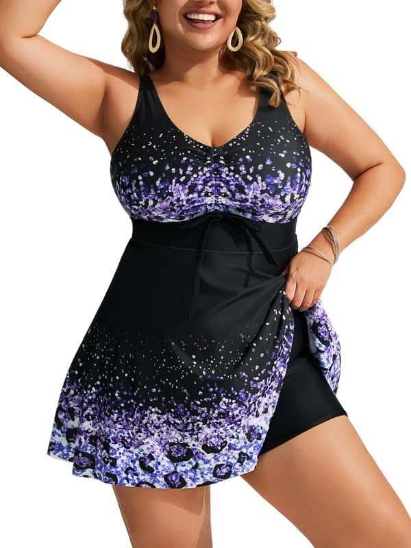 Hanna Nikole Badekleid Damen Große Größen Zweiteiler Badeanzüge SchlüSselloch Tankini Oberteil Mit Badeshorts Bauchweg Bademode Blumen Strandmode...