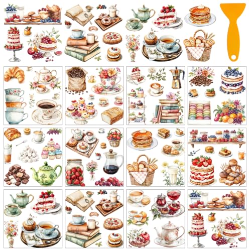 AHANDMAKER 12 Sheets Rub On Transfer Stickers with Scraper, Afternoon Tea Stickers with Snacks, Coffee, Bread, Fruit for Coffee Shops, Study Room, School, Window Decoration, 5.5x5.5