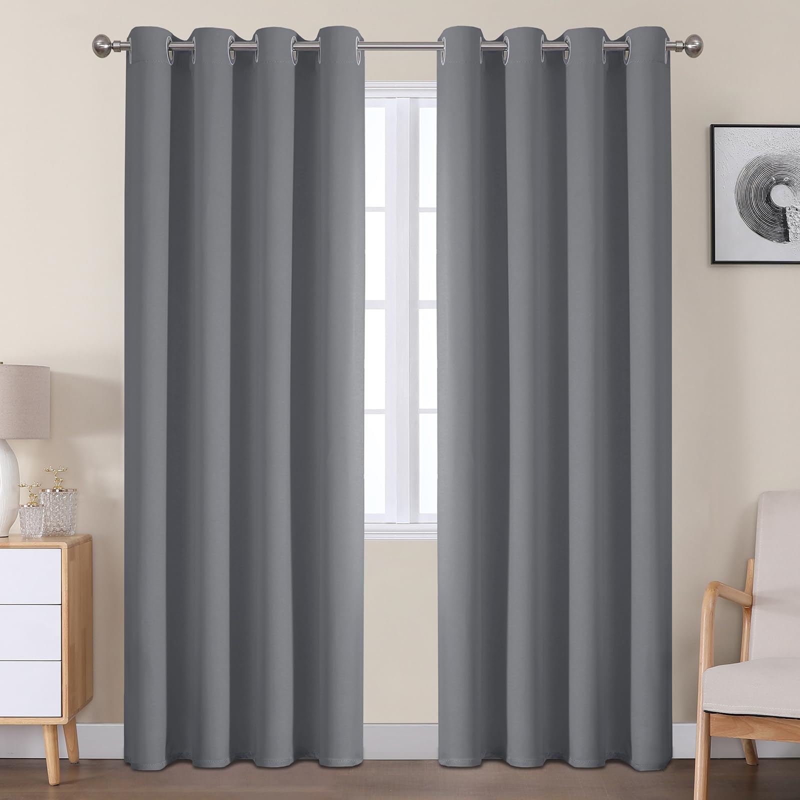 VEHEDE Grey Blakcout Curtains & Drapes for Living Room Eyelet Thermal Insulated Curtains for Bedroom 90 Drop Pair