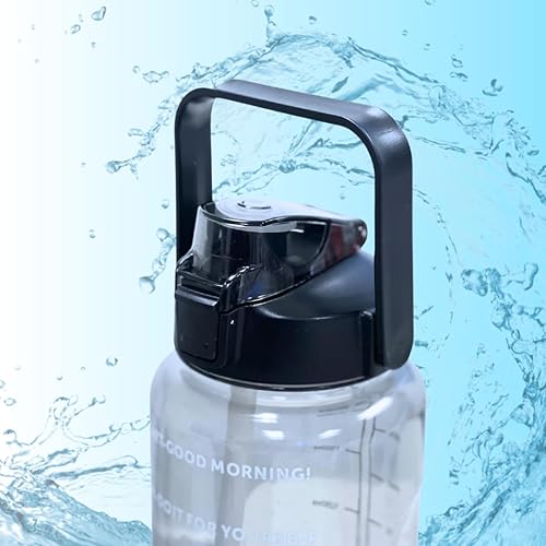 Miniatura 3 de Botella de agua motivacional de medio galón, botella de agua deportiva con popote y marcador de tiempo, tapa abatible a prueba de fugas de 64 onzas,