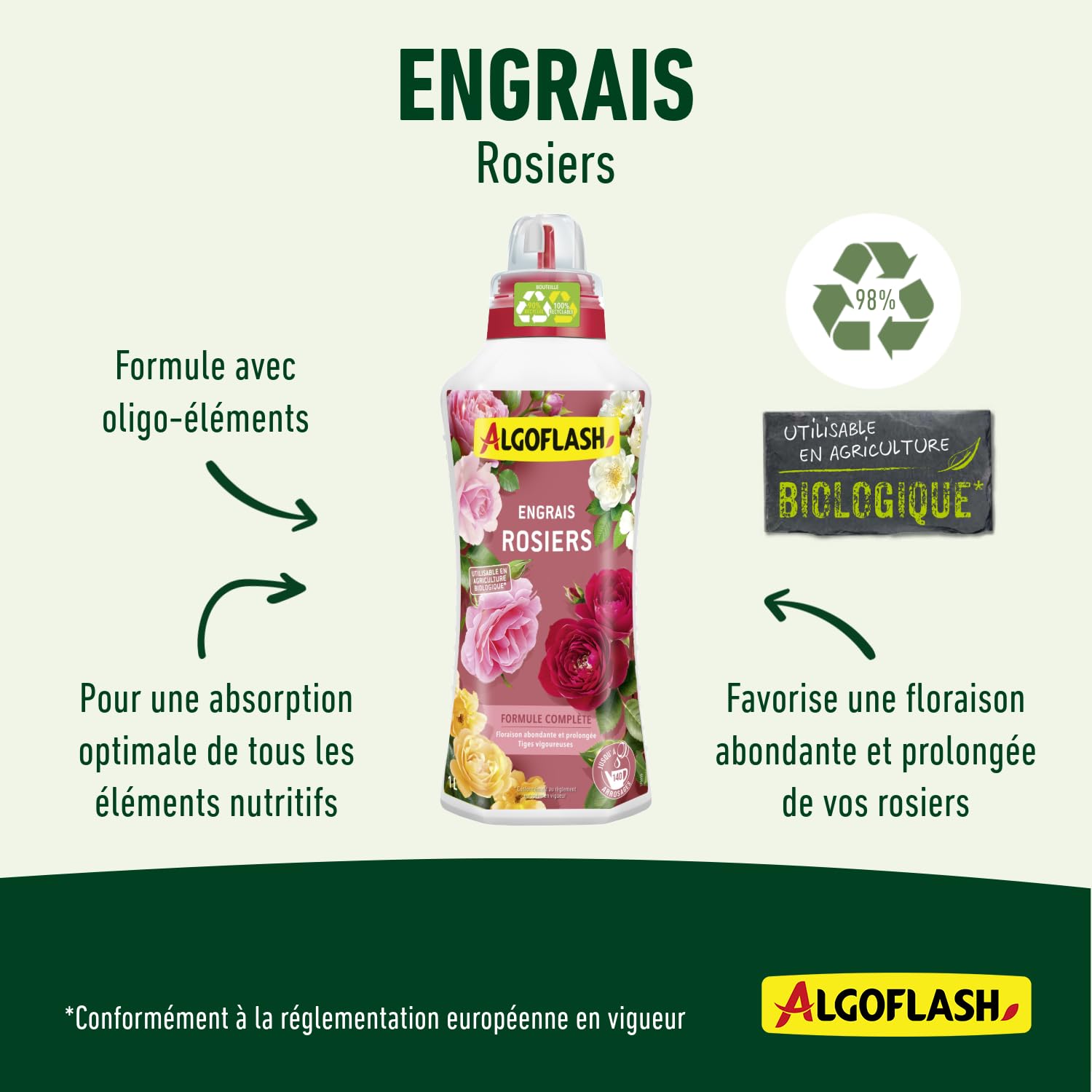 Algoflash Engrais Liquide Rosiers, Utilisable en Agriculture Biologique - 1 L, Marron