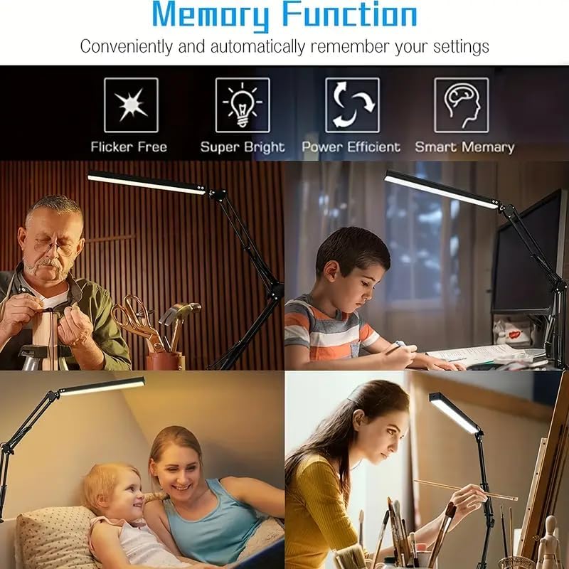 Miniatura 3 de HDView Lámpara de escritorio LED con 3 modos de cuidado de los ojos, 10 brillo; lámpara flexible larga y ajustable con brazo oscilante para