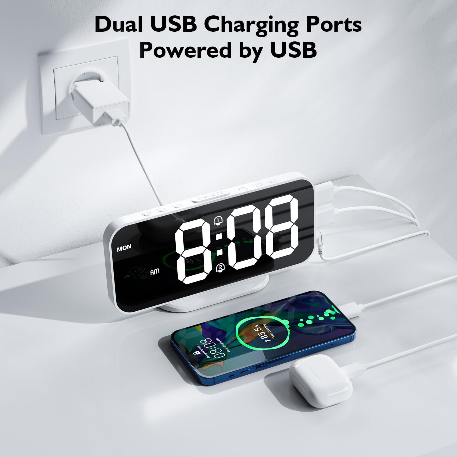 Cyfrowy budzik, LED, lustro, zegar stołowy, ładowany przez USB, budzik podróżny z 2 alarmami, drzemką, drzemką, funkcją sterowania głosem