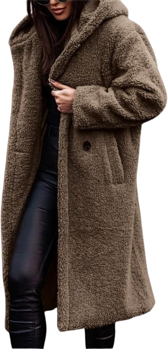 Women's Long Hooded Coats Fleece Warm Button Cardigan Jacket Outerwear Fashion Oversized Sweaters with Pockets