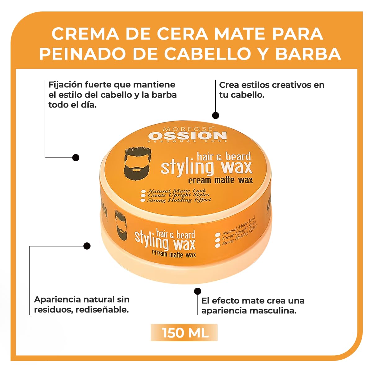 Morfose OSSION Hair & Beard Styling Cream Matte Wax 150 ml – Crema para peinar el cabello y la barba – cera de textura mate – agarre fuerte, acabado natural, peinado flexible – para todo tipo de