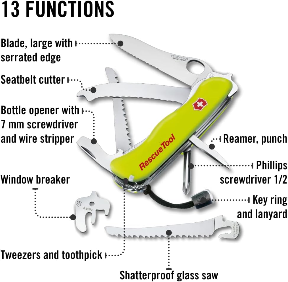 Victorinox Rescue Tool with Nylon Pouch Swiss Army Knife, 13 Functions, Swiss Made Pocket Knife with Seatbelt Cutter and Glass Saw - Fluorescent Yellow