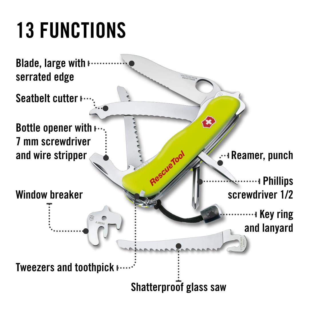 Victorinox Rescue Tool with Nylon Pouch Swiss Army Knife, 13 Functions, Swiss Made Pocket Knife with Seatbelt Cutter and Glass Saw - Fluorescent Yellow
