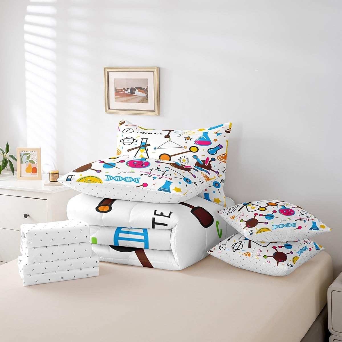 Chemical Equation Twin Comforter Set,Chemistry Science Learning Gift 7 Pieces Bed in a Bag,School Supplies Bedding Sets with 1 Comforter,1 Flat Sheet,1 Fitted Sheet,2 Pillowcase and 2 Pillow Sham