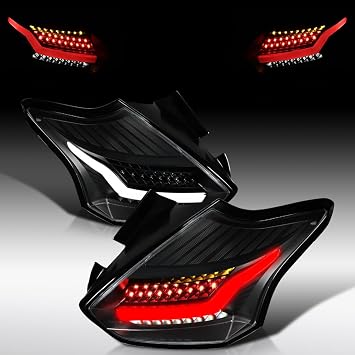 Autozensation Compatible with 2015-2018 Ford Focus SE/ST/Titanium Hatchback, 2016-2018 Ford Focus RS Hatchback, Left + Right Pair Assembly, Black LED Bar Tail Lights