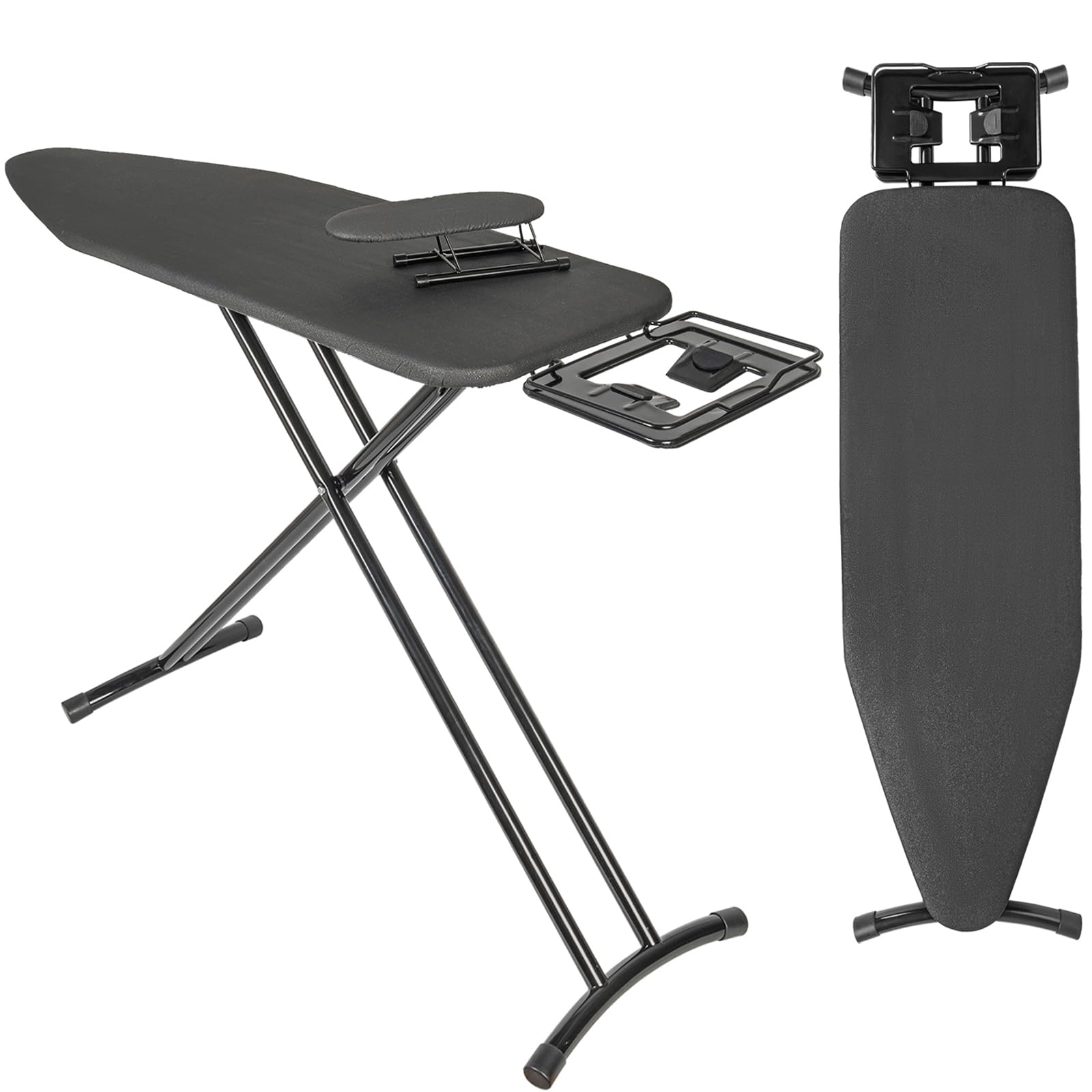 OUUTMEE Bügelbrett Klappbar mit Bügeleisenablage 110 x 30 cm, Zusammenklappbar, Höhenverstellbar, mit rutschfeste Füße, Platzsparend Schwarz (Schwarz)