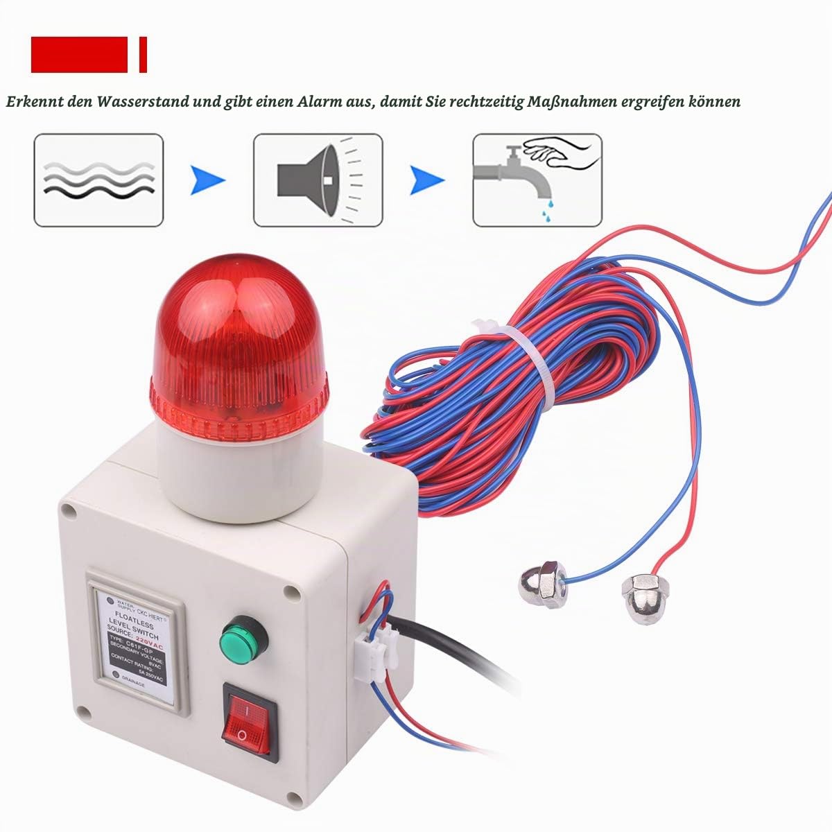 Wasserstandsanzeigealarm Wasserstandalarmsensor Wasserleitungsanzeigealarm Alarm für niedrigen und hohen Wasserstandsensor mit Lautstärkeregler des Schalldämpfers