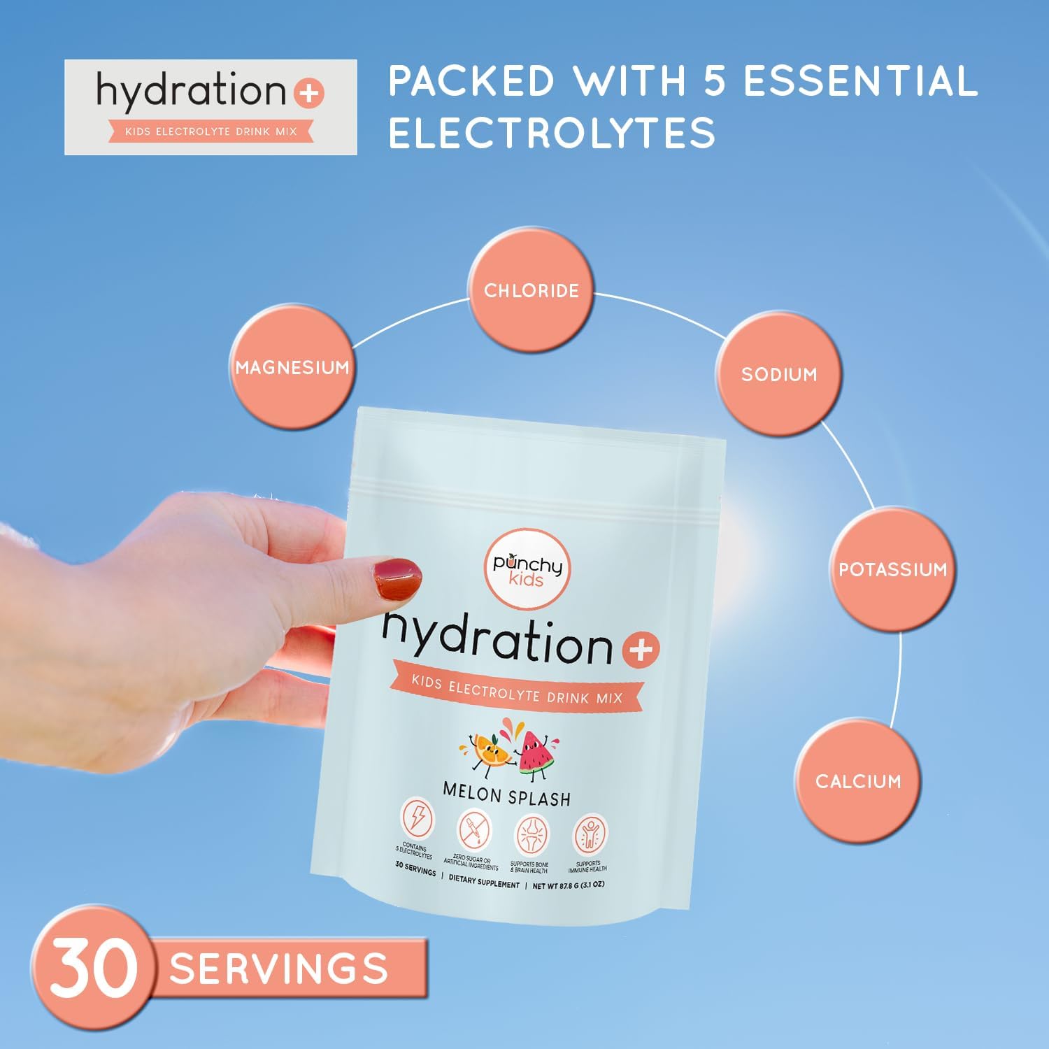 Hydration+ Electrolyte Drink Mix for Kids – Zero Sugar, Immune & Bone Support with Vitamin D, Zinc & K2 – Melon Splash Powder Scoop - Image 4