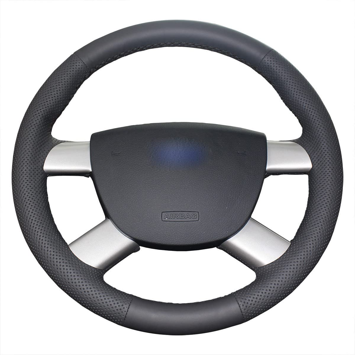 PONSNY Black Genuine Leather Car Steering Wheel Cover Suitable for Ford Kuga 2008-2011 Focus II 2005-2011 C-MAX 2007-2010(Black Thread)