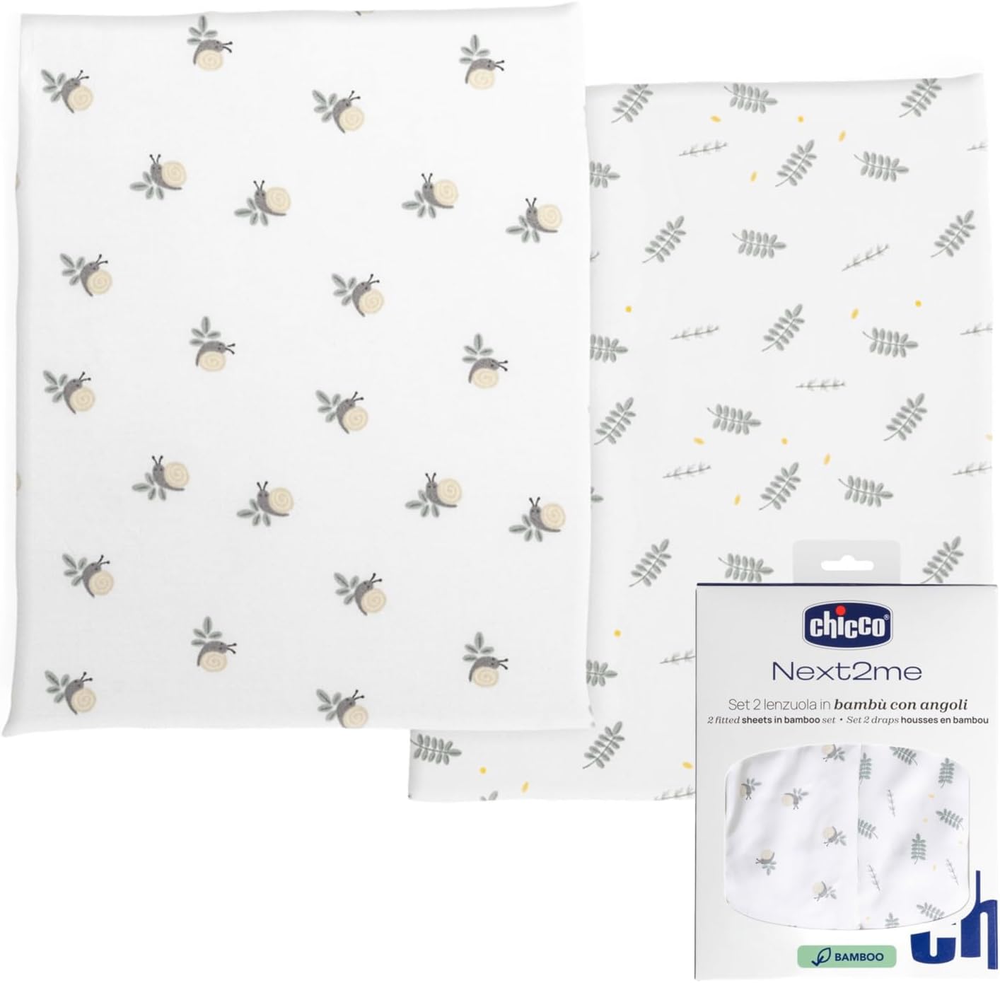 Chicco Bamboo Fibre Sheet Set, 2 Pieces Fitted Sheet, Compatible with Mattresses 50 x 83 cm, Leaf and Snail Design, Made of Bamboo Fibre