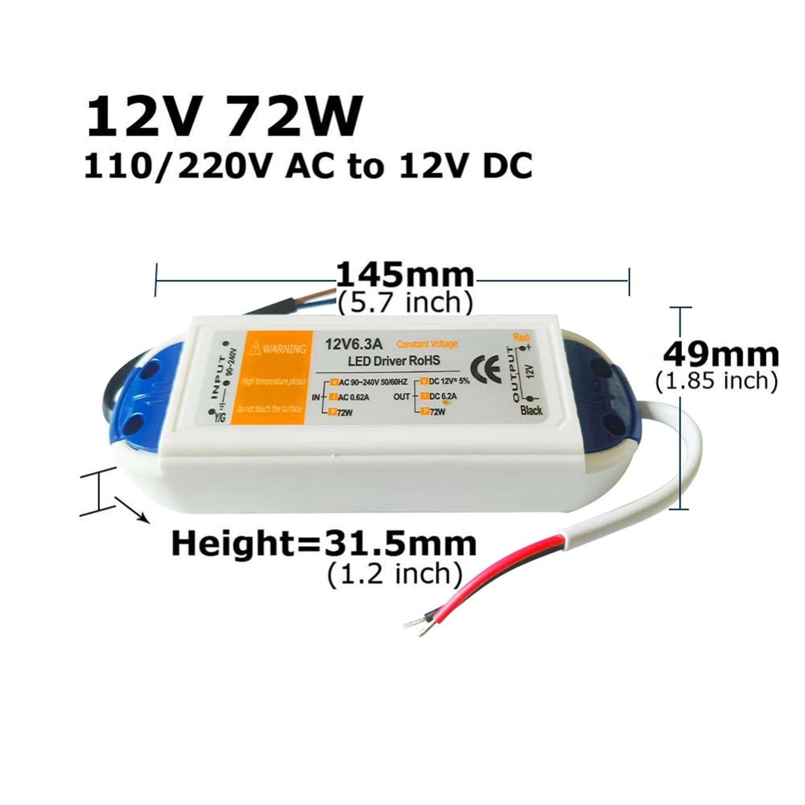 Driver LED 12V AC 110V 220V a alimentatore DC 18W 28W 48W 72W 100W Adattatore 12 Volt Trasformatore for illuminazione a striscia(12V 72W)