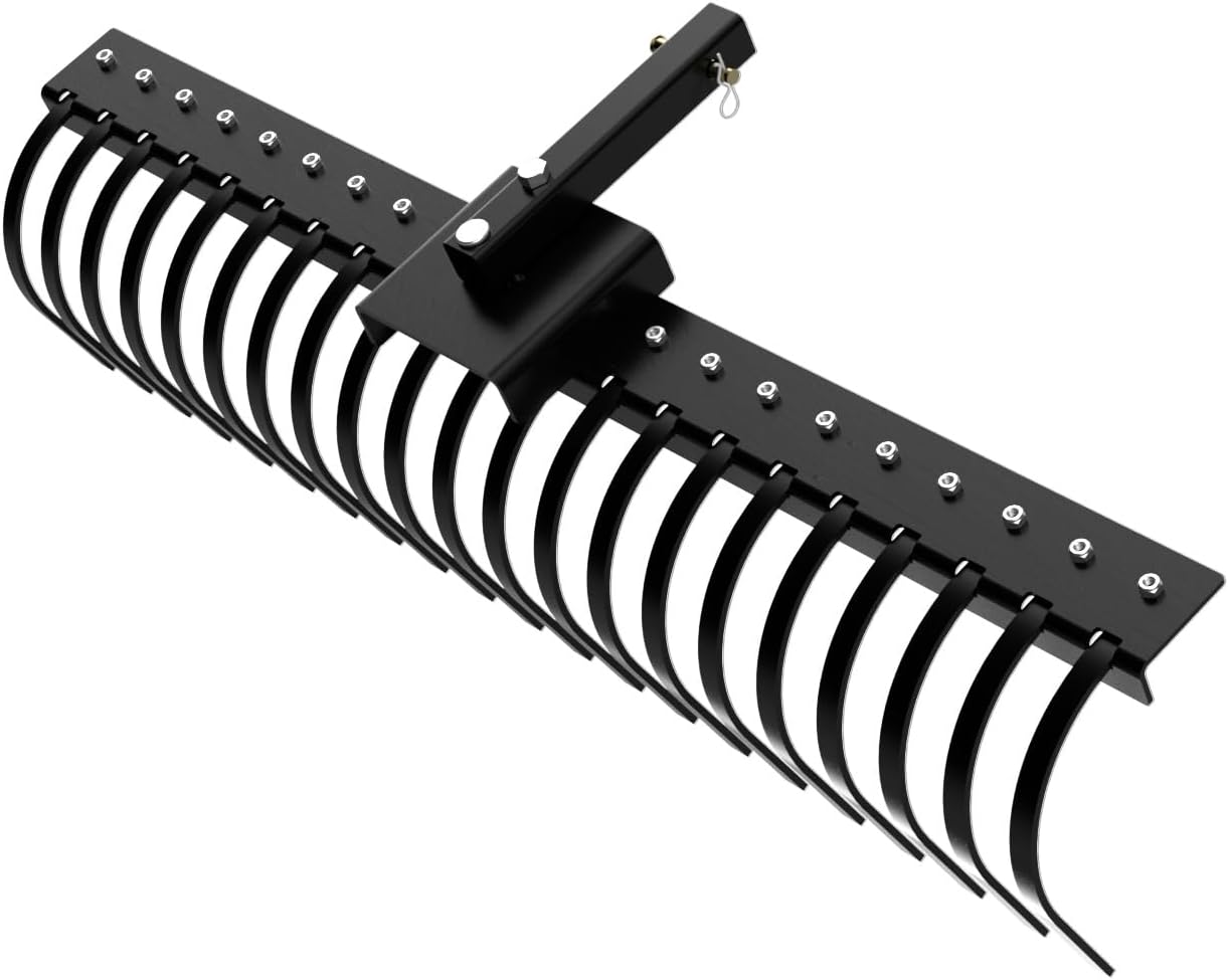 VINGLI 60" Tow Behind Landscape Rake with 21 Spring Steel Tines, 2" Receiver Lawn Dethatcher Rake for ATV/UTV & 3-Point Hitch Tractor, for Leaves, Pine Needles, Debris, Grass, Black
