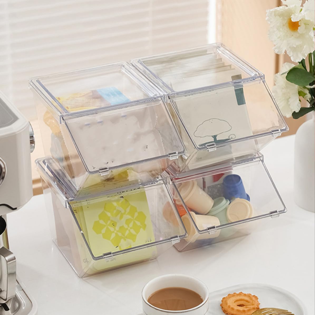 Acryl Teebeutel Organizer 4er Set mit Deckel Stapelbarer Kaffeebohnenhalter für Küche und Büro mit Glatter Oberfläche zur Aufbewahrung von Gewürzpäckchen