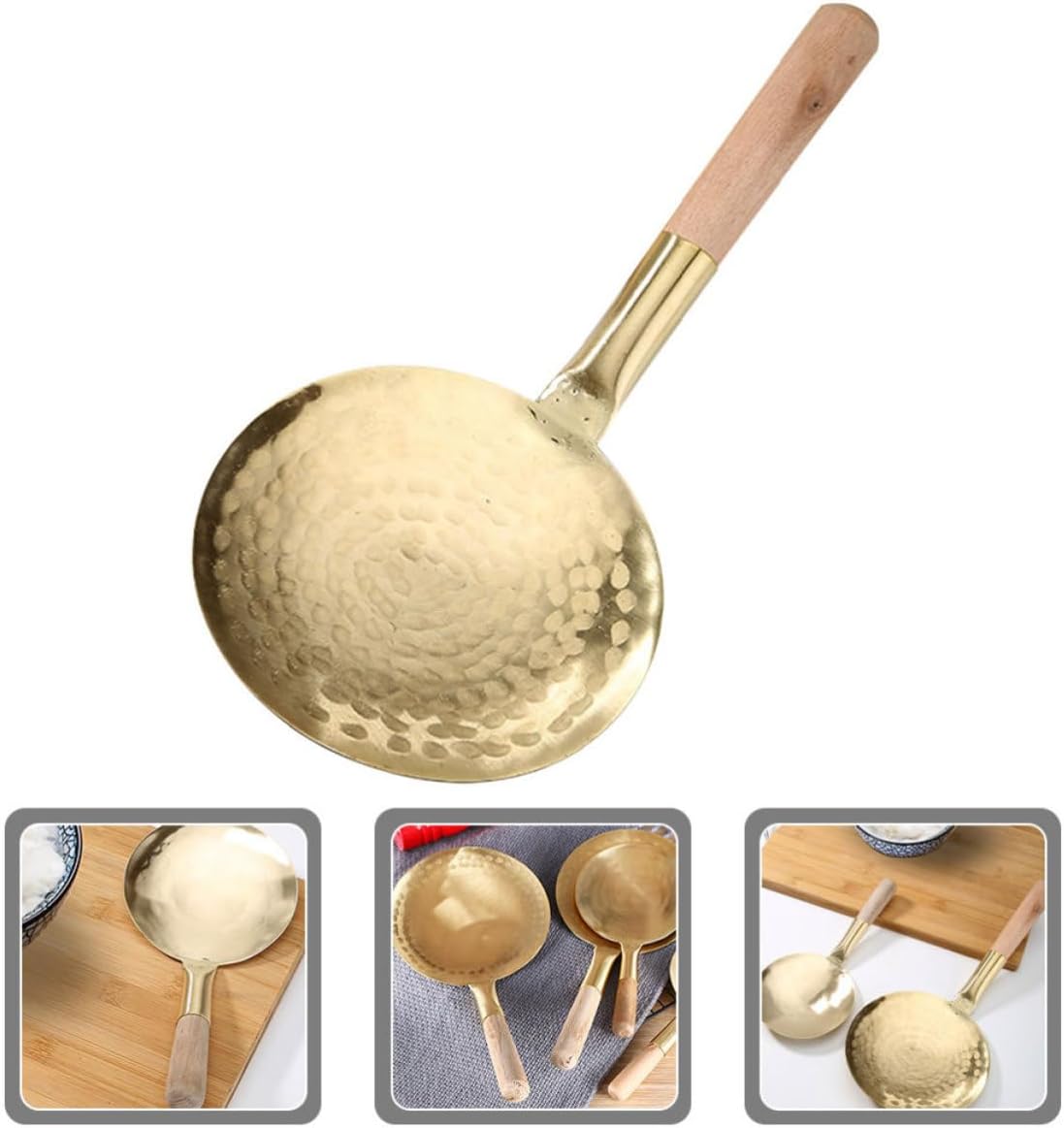 Handheld Copper Tofu Serving Spoon with Wooden Handle, Non-skid Grip