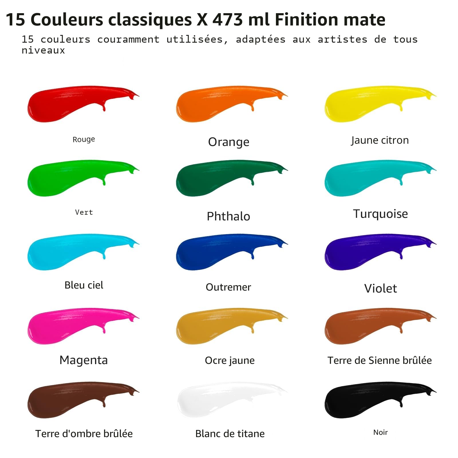 ABEIER Grand ensemble de peinture acrylique, 15 couleurs x 473 ml, finition mate, pigments riches, non toxiques, pour sur toile, artisanat, bois, céramique, idéal pour les débutants et les étudiants
