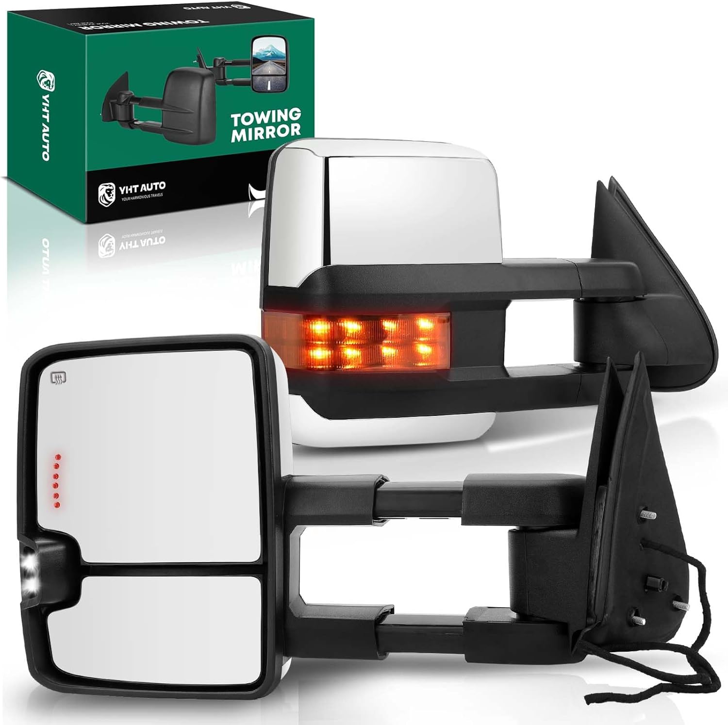 YHTAUTO Towing Mirrors Compatible with Chevrolet GMC 03-07 Silverado Sierra Tahoe, Power Adjusted Heated with w/Arrow & Turn Signal Backup Lights Telescoping Convex Lens Chrome Side Mirrors