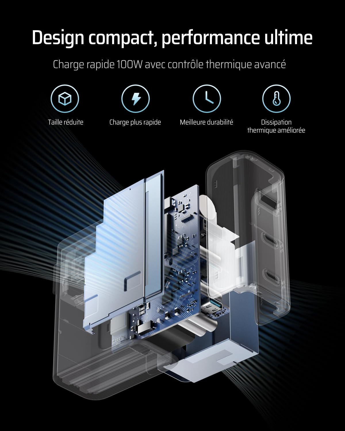 CUKTECH Chargeur USB C 100W, 3 Ports GaN III Tech et PPS PD3.0 Chargeur Rapide, Chargeur 100W USB C Rapide pour MacBook Air/Pro M4 M3, iPad Pro, iPhone 17/16, Samsung S24/S23, Xiaomi, Switch - Noir