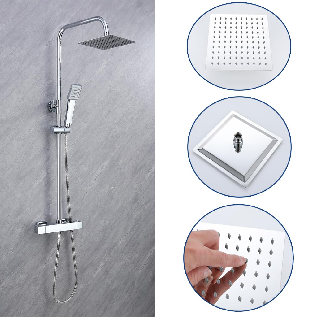 OCEAN ITALY Doccia Soffione 20x20cm in Acciaio Inox con Cromatura, Colonna Doccia con Miscelatore Termostatico, Set Doccia Quadrato, Antiscottature e Anticalcare