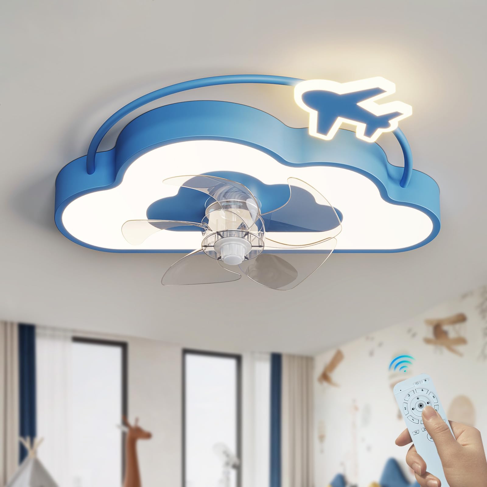 Nube Lampara Ventilador Techo, Niño Ventilador De Techo Con Luz Y Mando A Distancia LED Regulable 6 Velocidades Reversible Temporizador Lampara Ventilador Para Dormitorio Cuarto De Niños-Azul