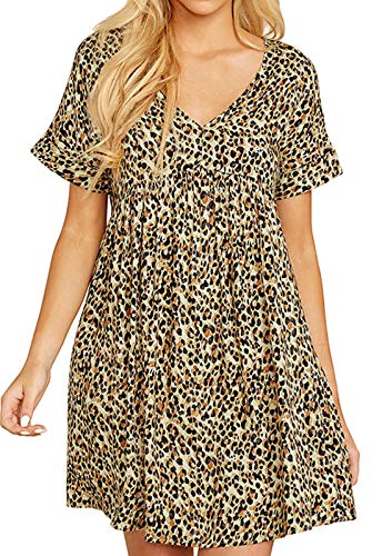 Image of Jayscreate Women's Baby Doll Dress Summer Casual Tunic Pleated Flowy Swing Short Sleeve Black V Neck Mini Dress