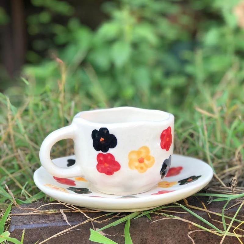 Image of Breeze Multi-Color Ceramic Cup & Saucer Set | Handmade Floral Design Tea & Coffee Cup with Saucer | 200 ml | Ideal for Latte, Cappuccino, Green Tea, Hot Chocolate & Daily Serving