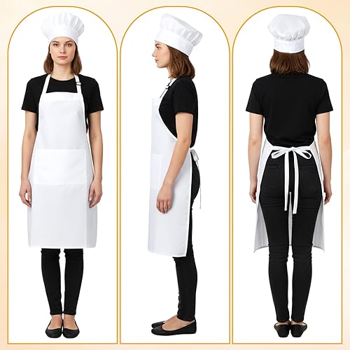 Miniatura 6 de Sombrero de chef blanco y delantal para hombres y mujeres, disfraz de chef con 2 bolsillos, disfraz de chef para adultos para cocina