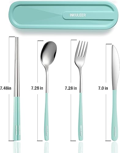 Miniatura 6 de INKULEER Juego de cubiertos de viaje cubiertos de acero inoxidable 188 juego de utensilios reutilizables con estuche lonchera portátil de cubiertos