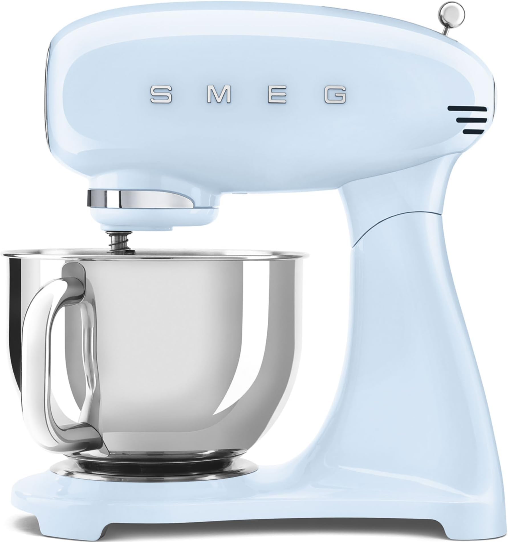Smeg SMF03PBUK, 50’S Retro Style Stand Mixer With 10 Variable Speeds, 4.8 L Stainless Steel Bowl, Safety Lock When Mixing, Includes Wire Whisk, Flat Beater, Dough Hook, Pastel Blue, 1 Year Warranty