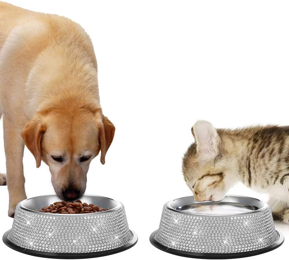 SAVORI Bling Dog Bowls White, 640ML Handmade Bling Rhinestones Stainless Steel Pet Bowls Double Food Water Feeder for Puppy Cats Dogs - Set of 2